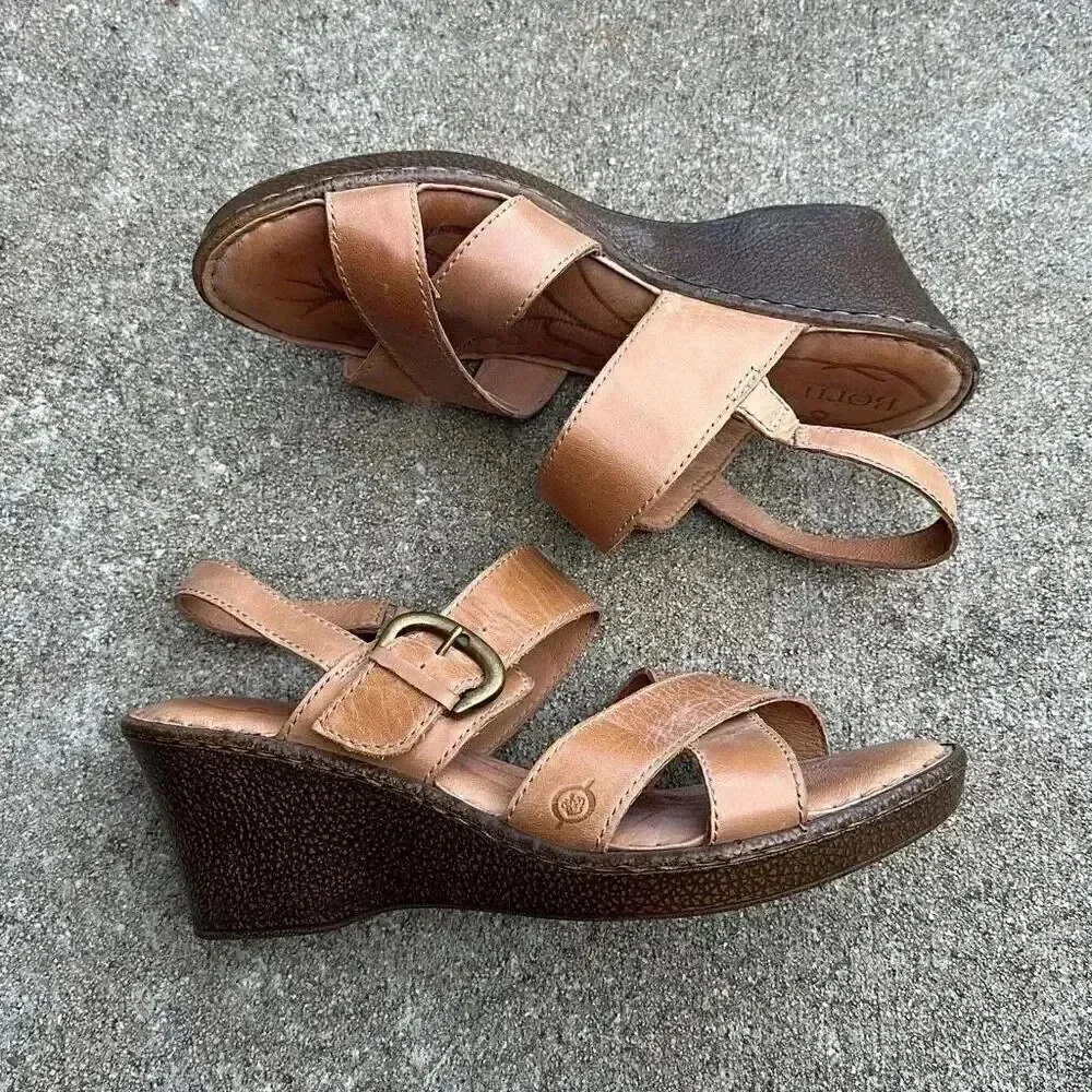Born Leather Wedge Sandals Mirabella Tan Women’s Size 11